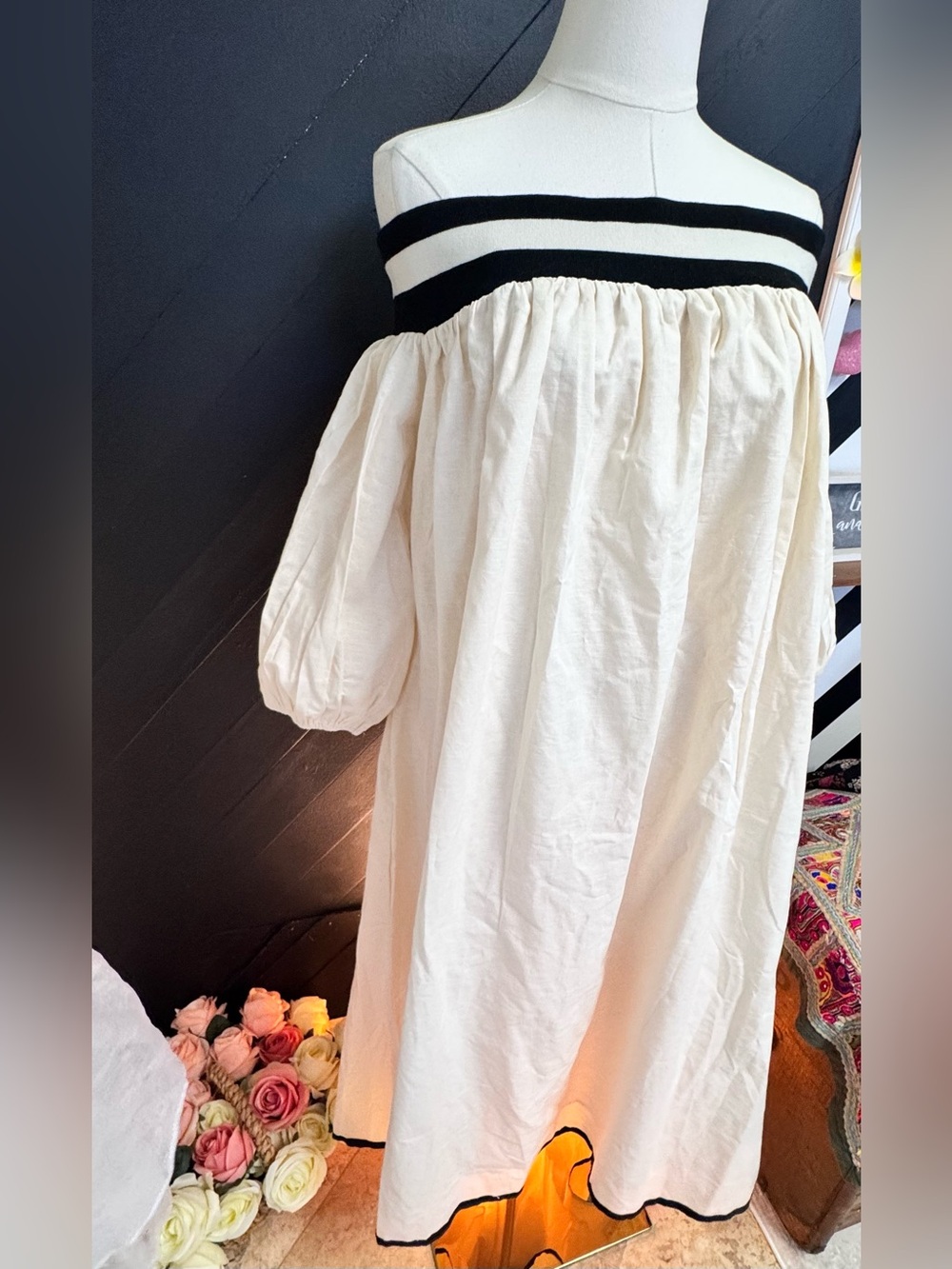 STYLEWE Cream Of-The-Shoulder Puff Sleeve Dress with Black Trim - Picture 3 of 12